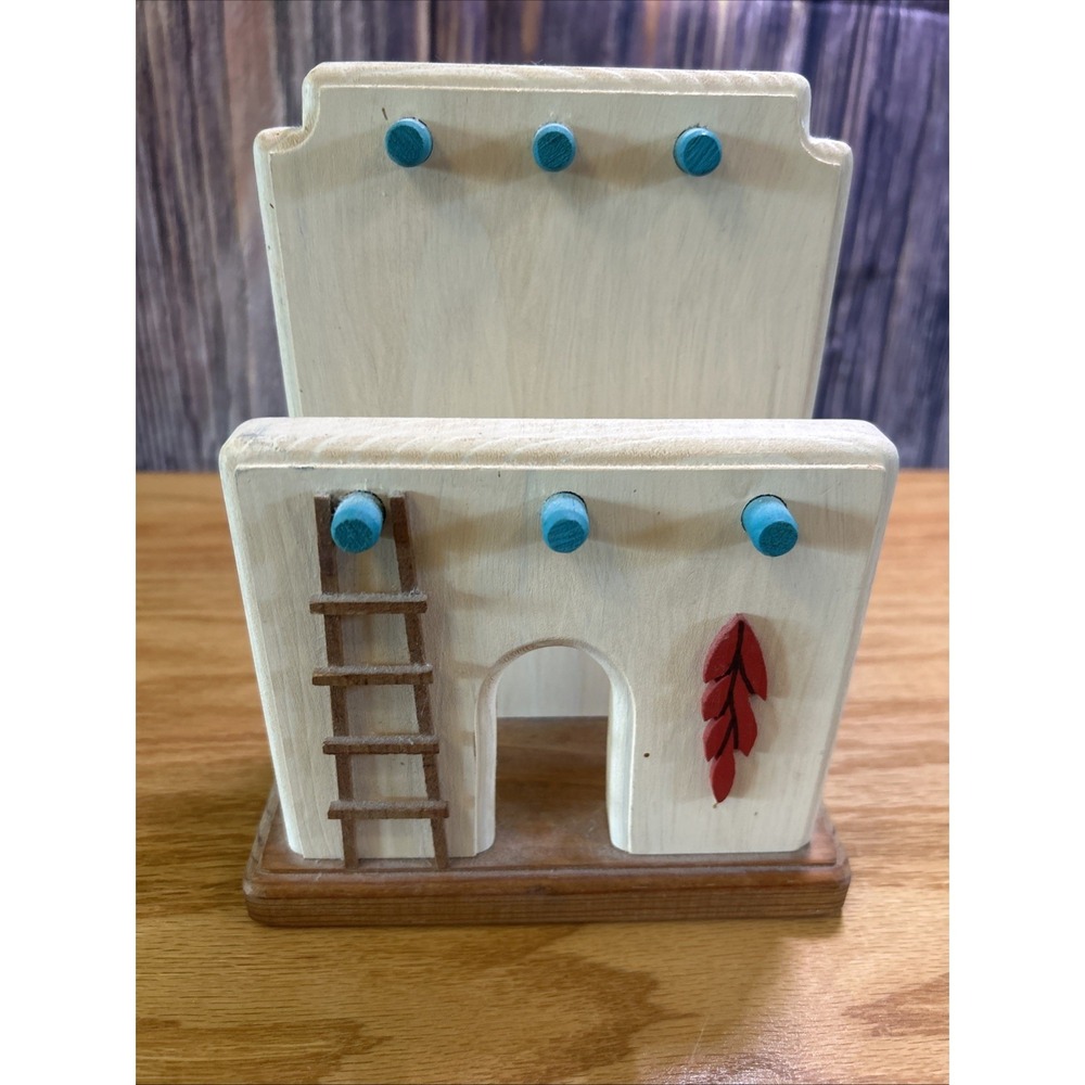 Vintage 1990s Southwest Adobe House Style Wood Napkin Holder Turquoise Accent